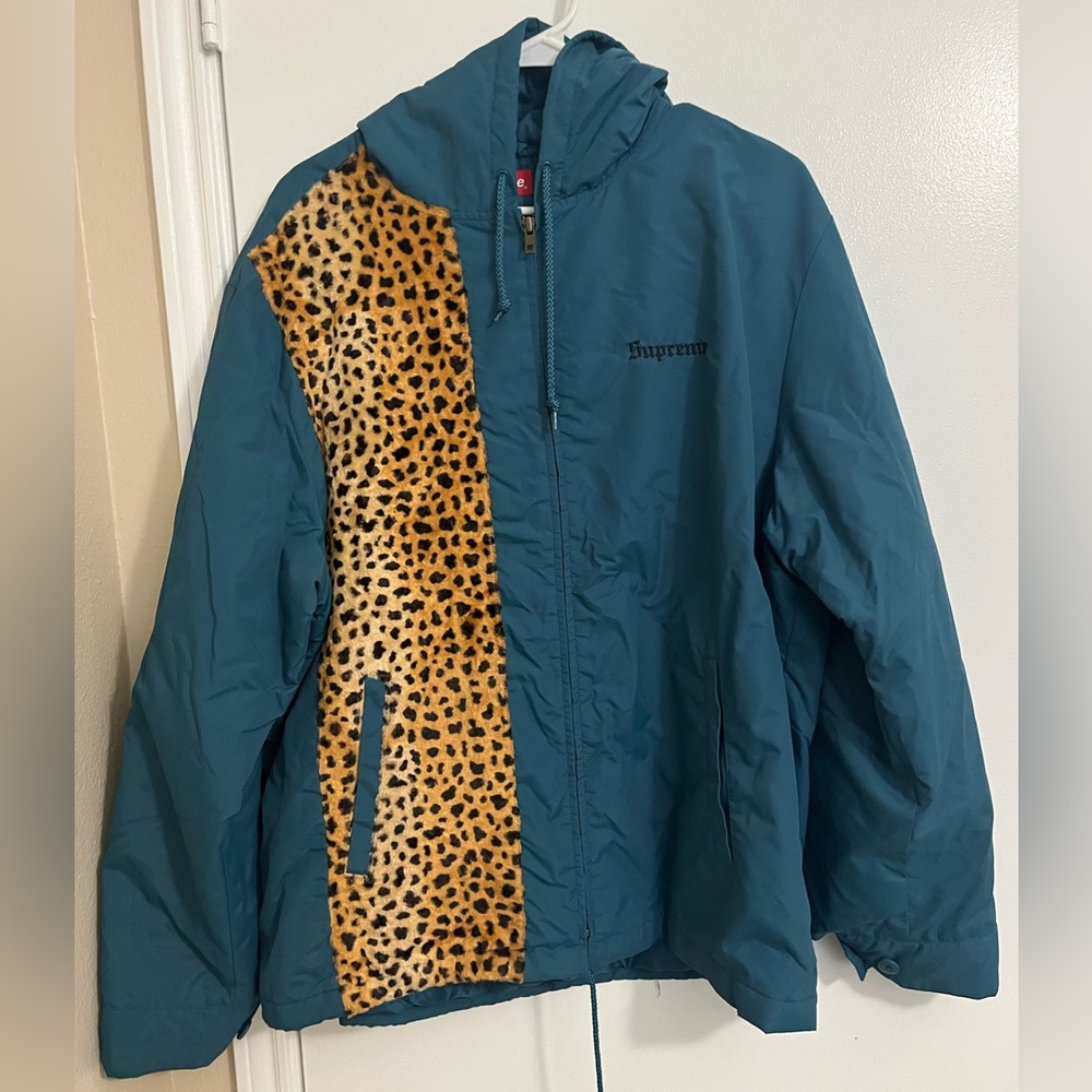 Supreme Teal Jacket with Leopard Print Accent